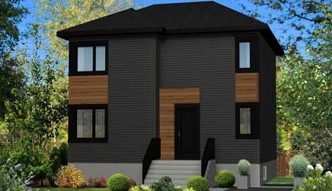 Rendu 3D du modèle Agate : maison cubique à deux niveaux, revêtement gris foncé et accent de bois