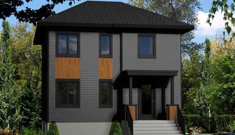 Rendu 3D du modèle Ambre : maison à deux niveaux, revêtement gris foncé, bois et porche couvert