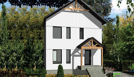 La Ambrosia, maison à étages de la collection Farmhouse, façade blanche et porche de bois, rendu 3D