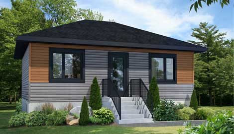 Rendu 3D du modèle Diamant : maison à deux niveaux, revêtement pâle et foncé, deux escaliers vers les entrées