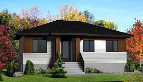 Rendu 3D du modèle Émeraude : maison de plain-pied, pignon blanc et poutres de bois