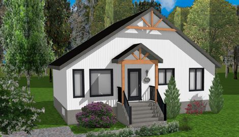 Rendu 3D du modèle Emilia : pignon blanc, poutres de bois, plates-bandes fleuries