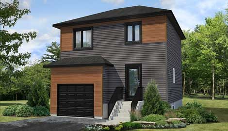 Rendu 3D du modèle Iris : maison à deux niveaux avec garage au niveau du jardin, revêtement foncé et bois