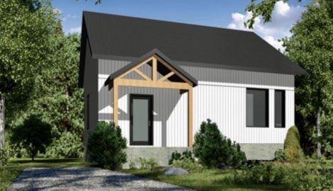 Rendu 3D du modèle Jacob : maison de plain-pied, bois et revêtement blanc, entrée centrée