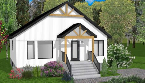 Rendu 3D du modèle Omara : pignon blanc à poutres de bois, porche couvert