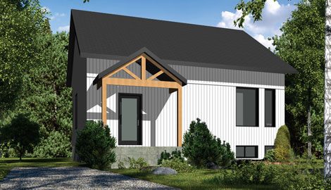 Rendu 3D du modèle Oslo : pignon gris foncé et blanc, poutres de bois au porche