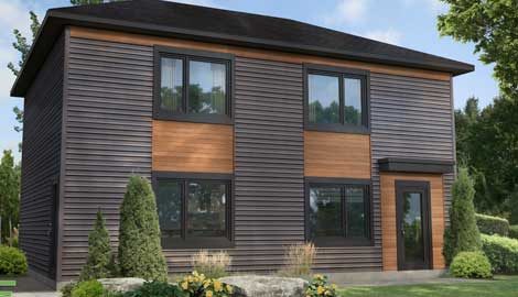 Rendu 3D du modèle Perles : maison à deux niveaux, revêtement brun foncé et bois