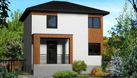 Rendu 3D du modèle Quartz : maison à deux niveaux, revêtement blanc et bois, toit en pavillon