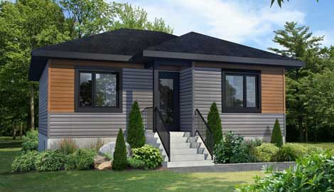 Rendu 3D du modèle Rubis : maison à toit plat en paliers, revêtement gris et bois, deux escaliers