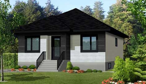 Rendu 3D du modèle Saphir : maison à toit en pavillon, revêtement blanc et gris foncé