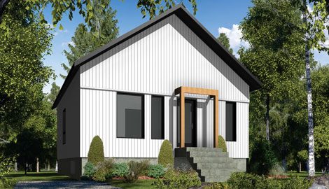 Rendu 3D du modèle Tamara : façade à pignon blanc, porche à poutres de bois