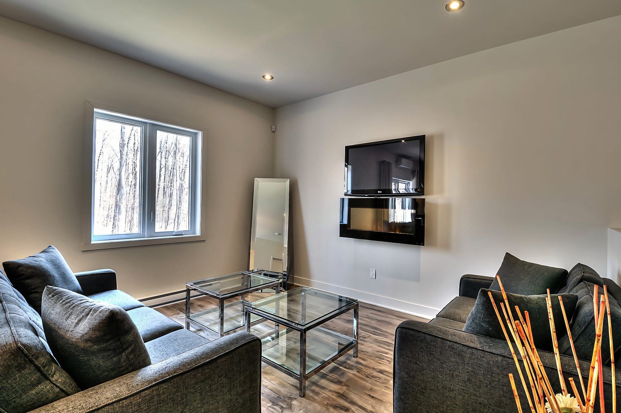 Salon d'une maison livrée au Quartier Eaux-Vives : canapés gris, tables de verre, téléviseur au mur, fenêtre sur les arbres
